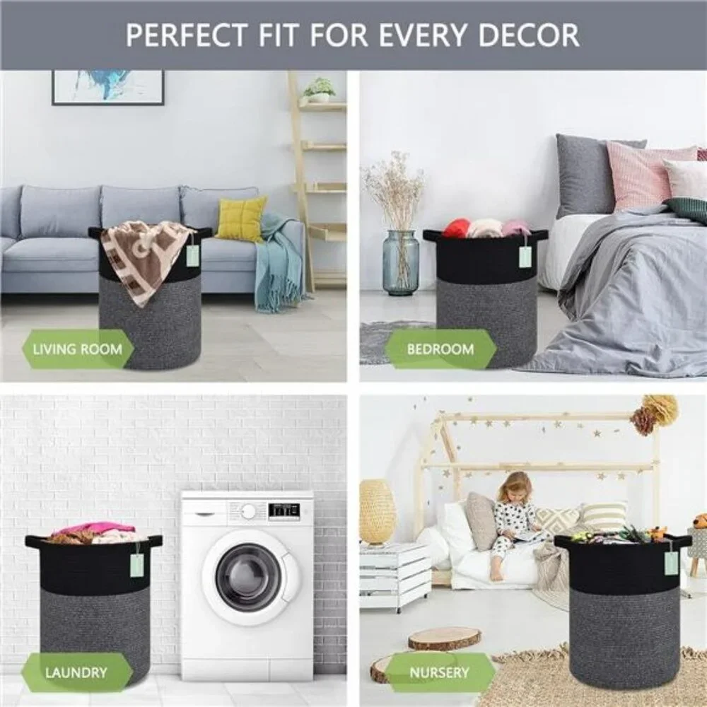 Large laundry hamper woven cotton rope basket 72L toy clothes blanket storage bi
